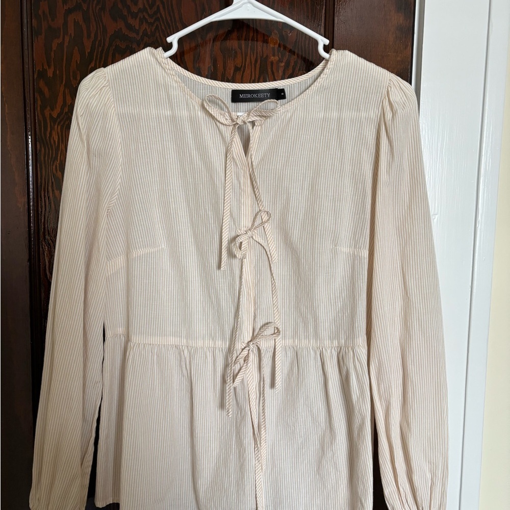 Merokeety Beige Tie-Front Blouse Peplum